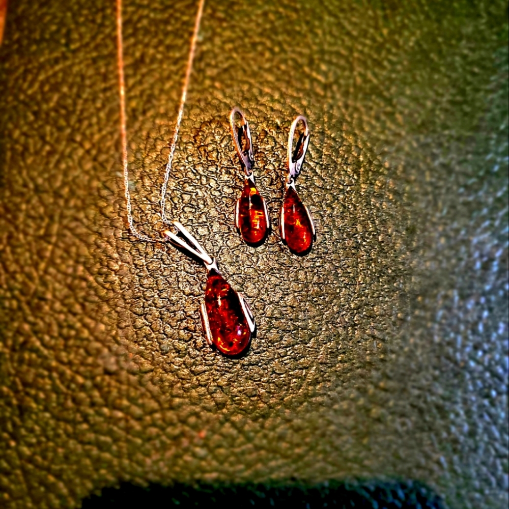 Amber and Sterling silver set